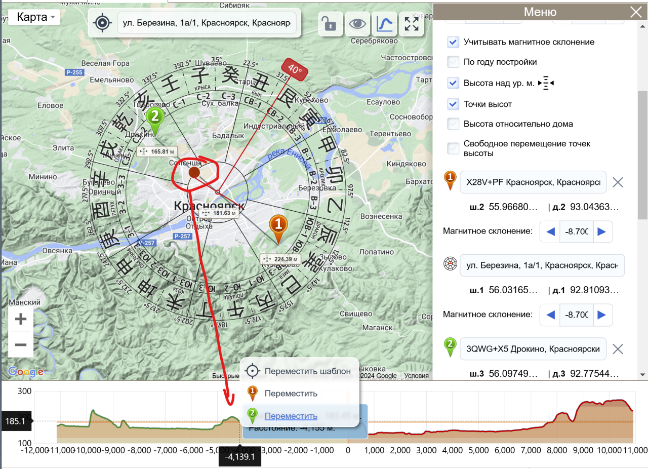 4 Возможность переместить точку в выбранное место на графике высот на шаблоне 24 горы